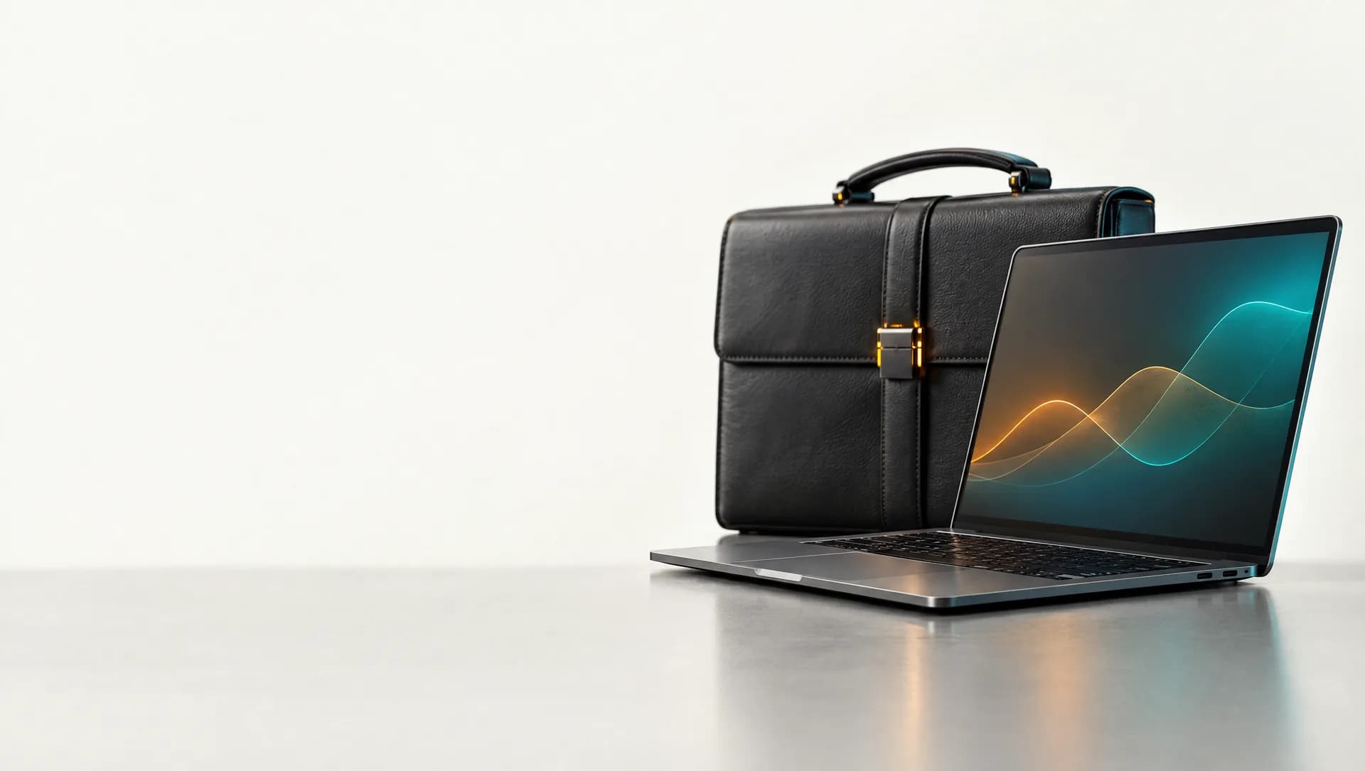 A laptop showing a teal and gold chart in front of a leather briefcase
