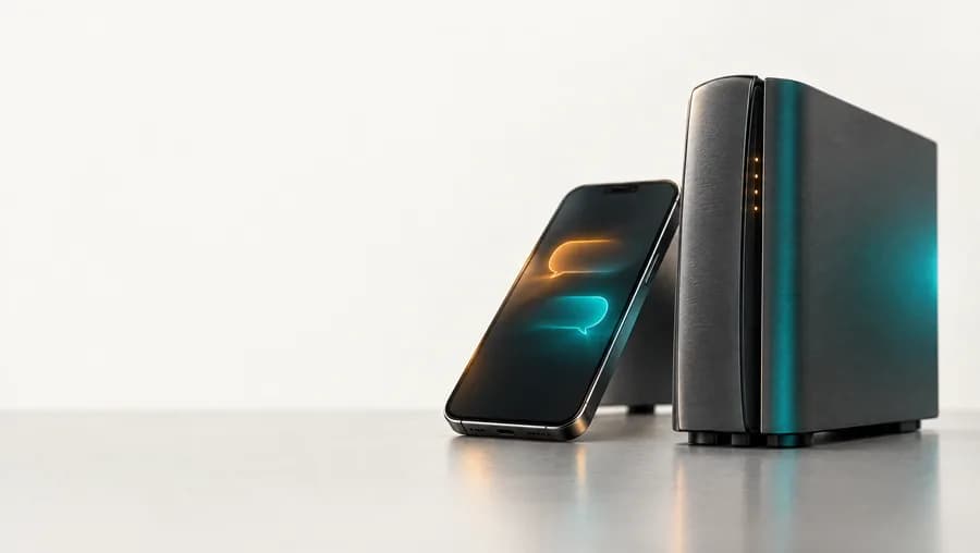 A phone showing two chat bubbles beside a server tower