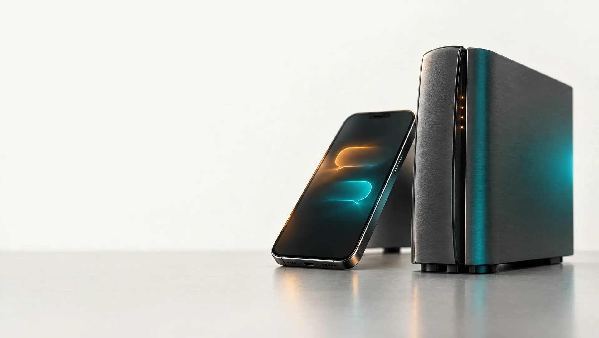 A phone showing two chat bubbles beside a server tower
