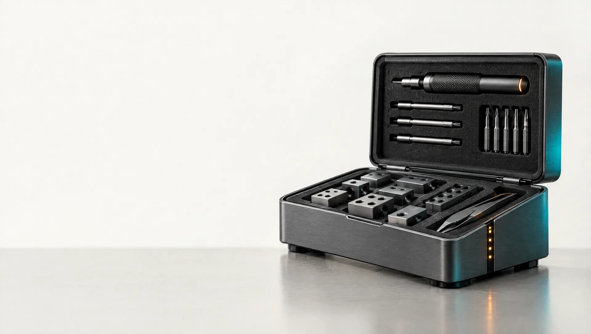 An open toolkit case with bits, blocks, and a driver